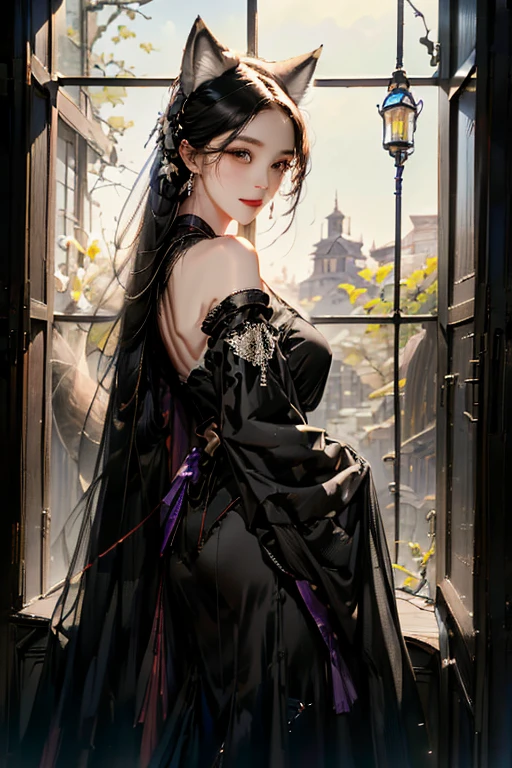 A black haired woman with purple eyes and an hourglass figure with black fox ears and a black fox tail wearing a conservative victorian gown is smiling in front of a stained glass window