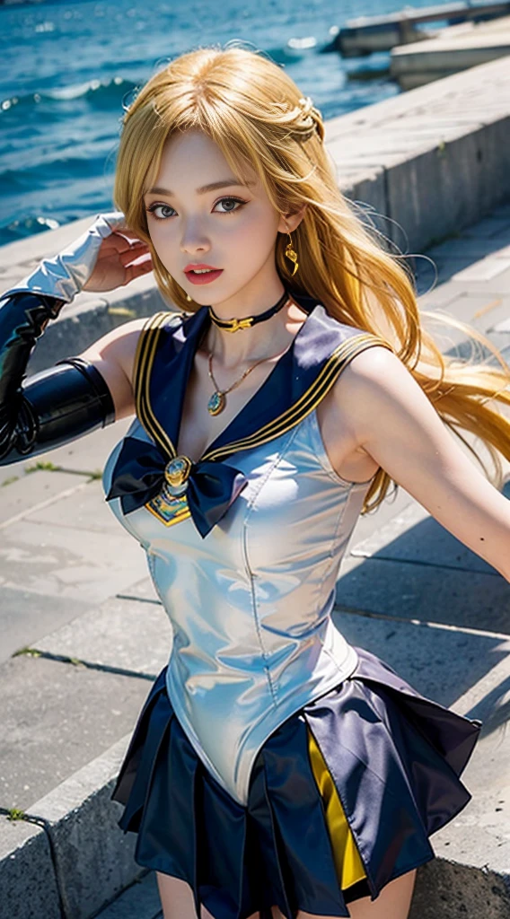 ((masterpiece:1.4)、(top-quality:1.4)、(reallistic:1.7))、masuter piece:1.4、a beauty girl、(Sailor Moon:1.4)、Tsukino Usagi、Sexy sailor warrior uniform with body fit、(latex shiny)、(The jacket is a white sleeveless sailor suit)、(Skirt is blue sexy ultra ultra mini skirt)、The collar of the sailor suit is blue with two thin lines.、Red cloth ornament at chest、(Wearing white gloves)、Kawaii Girl、Super beauty、sharp focus、Portrait photos、Upper body photography:1.4、Beautiful face、beautidful eyes、Narrow waist、(Yellow hair:1.4)、(length hair:1.2)、Raw photo、red-lips、Red boots:1.4、a choker:1.4、a necklace:1.4、earrings:1.4、Luxurious golden tiara on forehead:1.4、1 screen display、Outdoor landscape