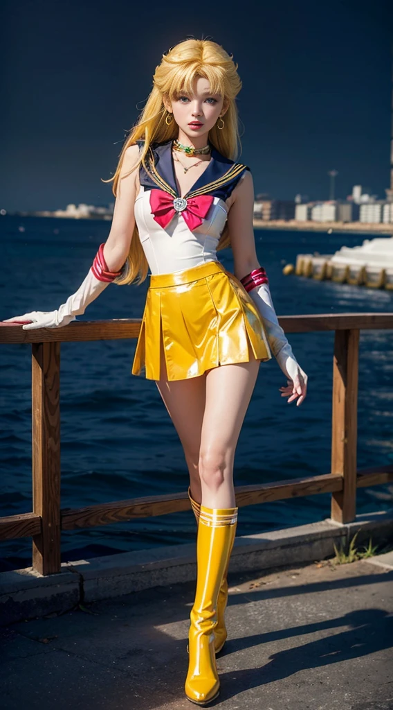 ((masterpiece:1.4)、(top-quality:1.4)、(reallistic:1.7))、masuter piece:1.4、a beauty girl、(Sailor Moon:1.4)、Tsukino Usagi、Sexy sailor warrior uniform with body fit、(latex shiny)、(The jacket is a white sleeveless sailor suit)、(Skirt is blue sexy ultra ultra mini skirt)、The collar of the sailor suit is blue with two thin lines.、Red cloth ornament at chest、(Wearing white gloves)、Kawaii Girl、Super beauty、sharp focus、Portrait photos、Upper body photography:1.4、Beautiful face、beautidful eyes、Narrow waist、(Yellow hair:1.4)、(length hair:1.2)、Raw photo、red-lips、Red boots:1.4、a choker:1.4、a necklace:1.4、earrings:1.4、Luxurious golden tiara on forehead:1.4、1 screen display、Outdoor landscape
