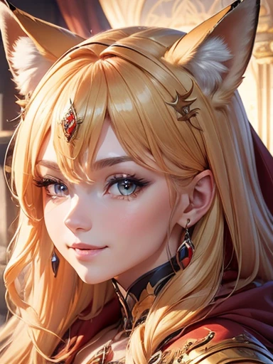(top-quality、masuter piece:1.3)、reallistic、Realistic、bustshot、face lights、Stunning portrait of a beautiful woman、One woman、(Warrior Queen Armor、Fur-lined cape、Luxurious red cloak、Golden crown adorned with precious stones)、Serious、glistning skin、Blonde Beauty、Blue eyes、Sharp eyes、hyperdetailed face、A detailed eye、slim figure、Read books、Write in a note、Detailed hand depiction、Quill pen、desk work、Soft stool、Gothic study of a medieval palace, heart-shaped pupils, animal ears, fox ears,"long orange fox ears with black tips", covering ears, kemonomimi mode, seductive smile,tail emanating(9 tails fox)