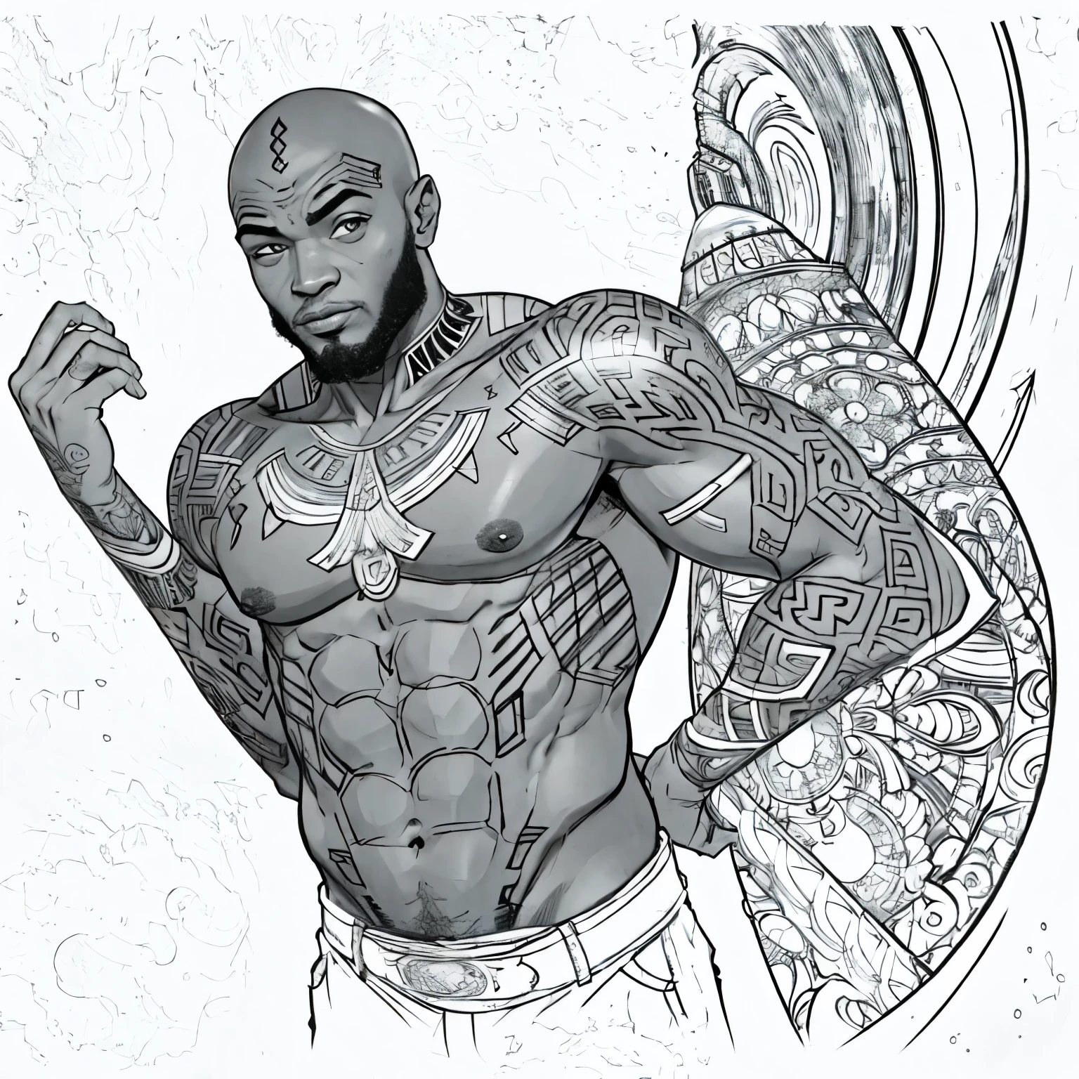 Um homen alto, de origem africana, alto, not very muscular, e com uma vestimenta colorida muito parecido com monge, and bald and with tattoos on his head