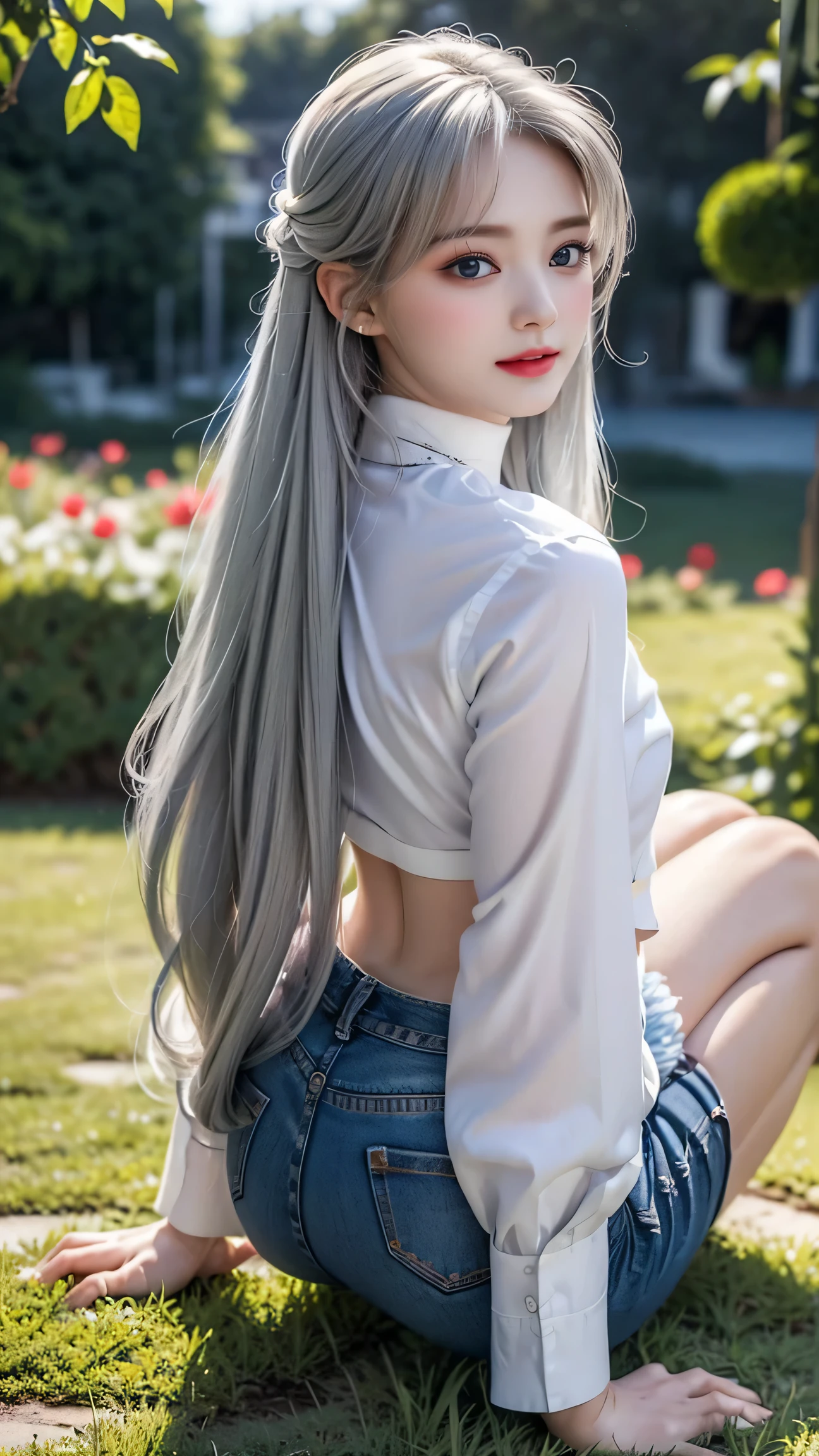 ((Girl taking care of flowers in the garden))、Top quality work,actual work,Ultra Premium Graphics,8K HD CG works,High quality graphics,High-definition CG works,Extremely fine detail:1.1,Advanced Technical Details:1.1 Photorealistic,Natural light:1.5. Light effects(virtual Light effects:1.8),超A high resolution,長いSilver Hair,Silver Hair,Transparent Hair,Hair with attention to detail(Premium Hair Detail:1.1)Clear Eyes,Beautiful double eyelids,Sharp eye makeup, Delicate eyelash makeup, Thin eyebrows, Highly detailed eyes,High nose, Nice red lips, Rose Cheeks, A face with subtle makeup , Cute face, perfectly balanced face,(Advanced Face Detail:1.1),Shiny,summer sexy、((whiteTshirt)),((Jeans Mini Skirt)),((Rear View))、((look back))、(Stick your butt out),Stiletto heels,woman'Artwork by,Full body portrait,realism,wonderful,My eyes are shining today,((Get on all fours)),((White panties are visible)),