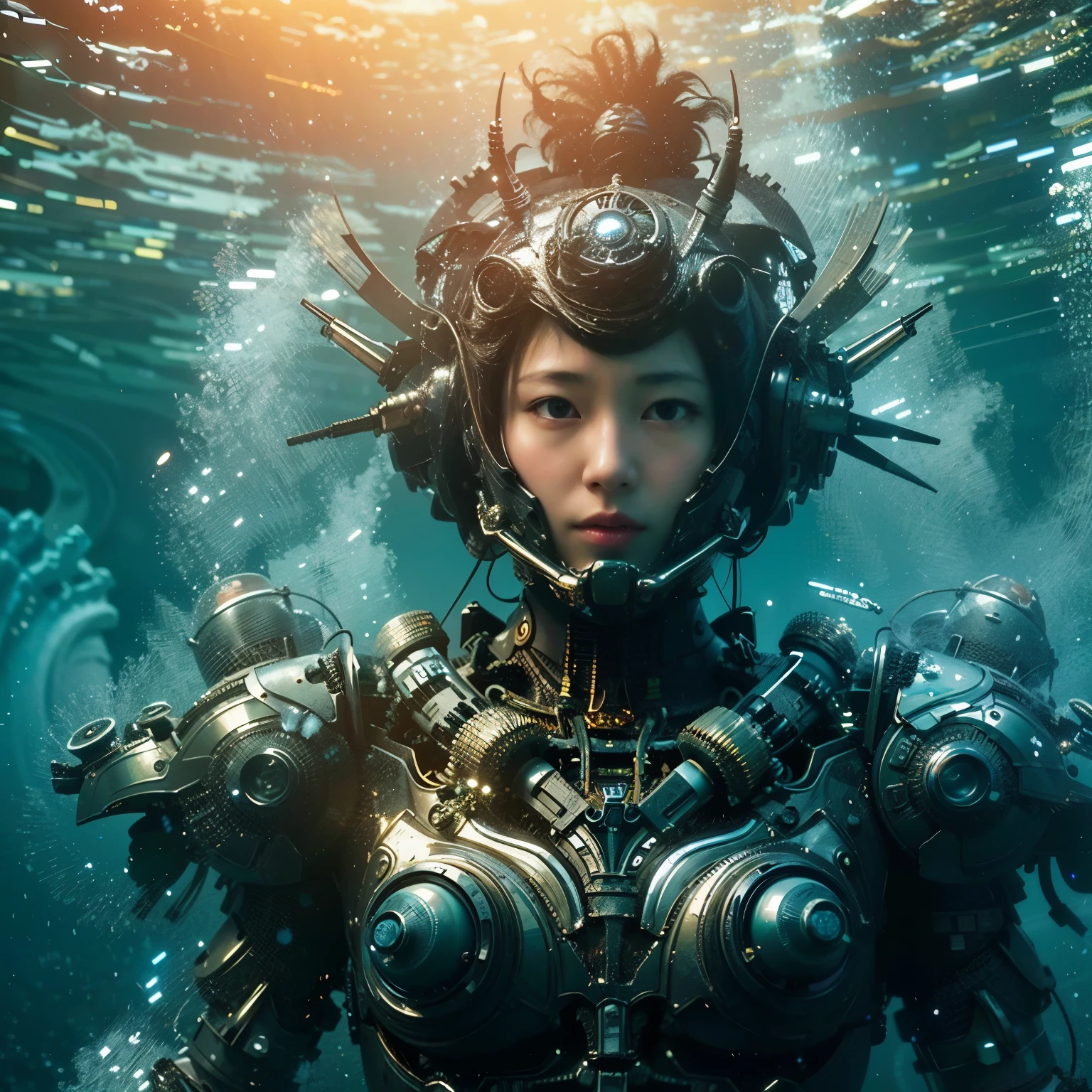 (Masterpiece, Best Quality: 1.2), (8K UHD, 16K, 32K, Ultra High Resolution), (Photorealistic: 1.37), (RAW Photo), Ultimate Reality, Ultimate Realistic Detail, Ultimate Realistic Texture , extremely intricate details (mechanical armor fused with a snail), power pipes, easy to understand, extremely intricate details, Japanese female soldier wearing mechanical armor, extremely cute face, extremely beautiful face, realistic, Full body shot, shot from the dawn of a secret base, cyberpunk