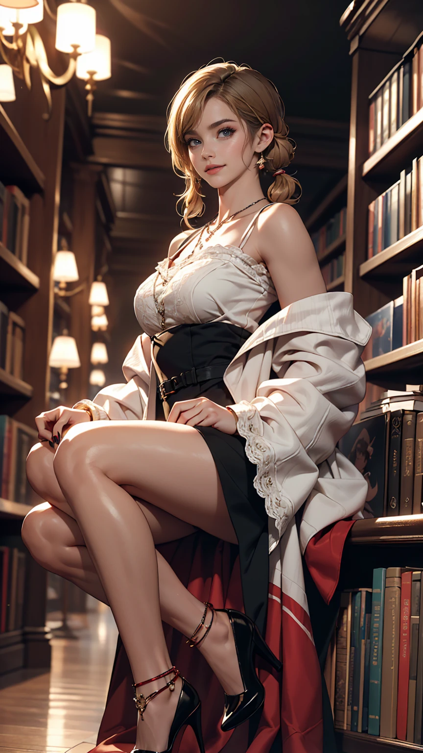 ((最high quality, 8K, masterpiece: 1.3, Ultra HD, high quality, 最high quality, High resolution, realism)) 、A 22-year-old extremely beautiful white woman、Body shape like a fashion model、Hair color blonde、blue eyeedium Hair、Straight Hair、smile、Background blur((depth of field))、Aerial perspective((atmospheric perspective))、I want my head to stay off screen、Put an anklet on your ankle、Wearing red nail polish、I have a peticure、Inner Color((colored inner hair))、Short pigtails((short twintails))、Wear an off-the-shoulder micro mini dress、
lace decoration、Wear stiletto heels、I'm in an old library.