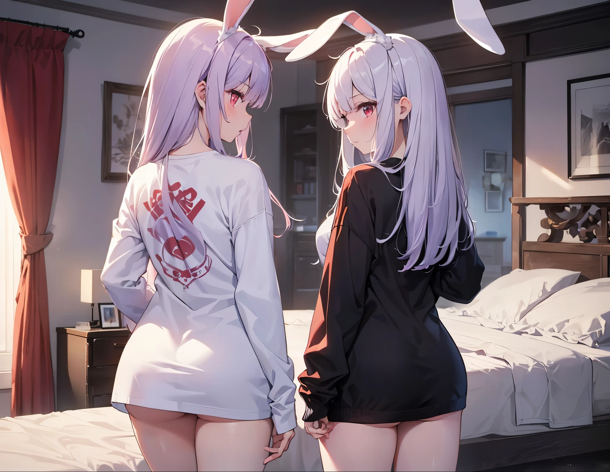 Realistic,highest quality, Ultra Detail, High-quality CG rendering, The most delicate and beautiful, Floating softly, High resolution, (1 girl), (Highest quality,4K,8K,masterpiece:1.2), Light purple hair,Rabbit,Bunny ears,Long Hair,Red eyes,(white oversized long sleeve t-shirt:1.3),Inside the room,bed, (Turn your back to your audience:1.3),Ass,(背中にウサギのAss尾:1.5),bedで四つん這い,anus
