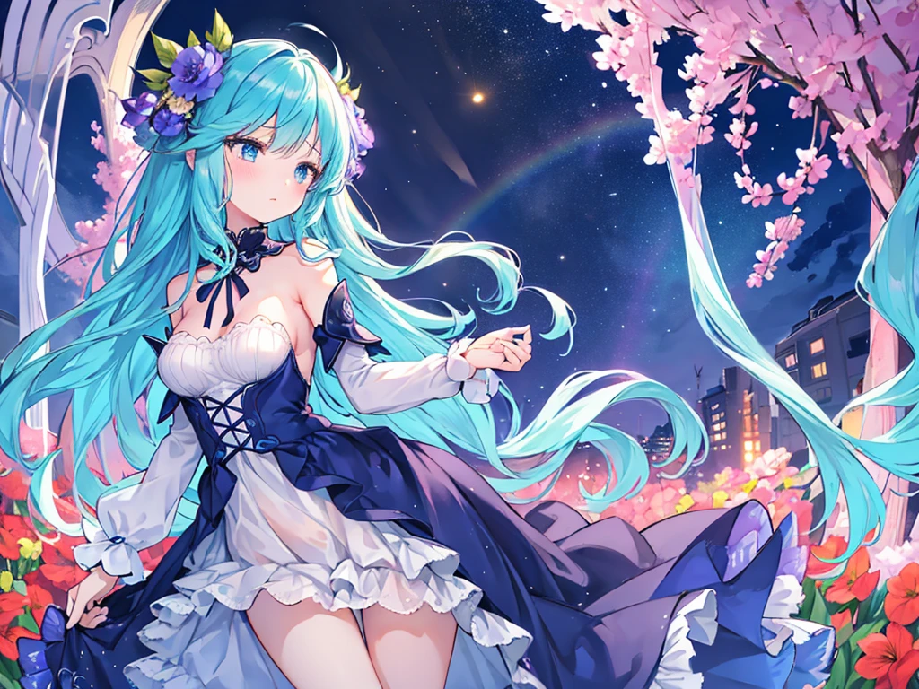 Depth of written boundary, profile, Neat body shape, Beautiful detailed girl, colored inner long hair, Beautiful irises and rainbow hair, Are crying, Blue Eyes, Small breast with flowers, Ruffled Dress, Cyan color scheme clothing,Beautiful night view、Detailed night view、8k background、