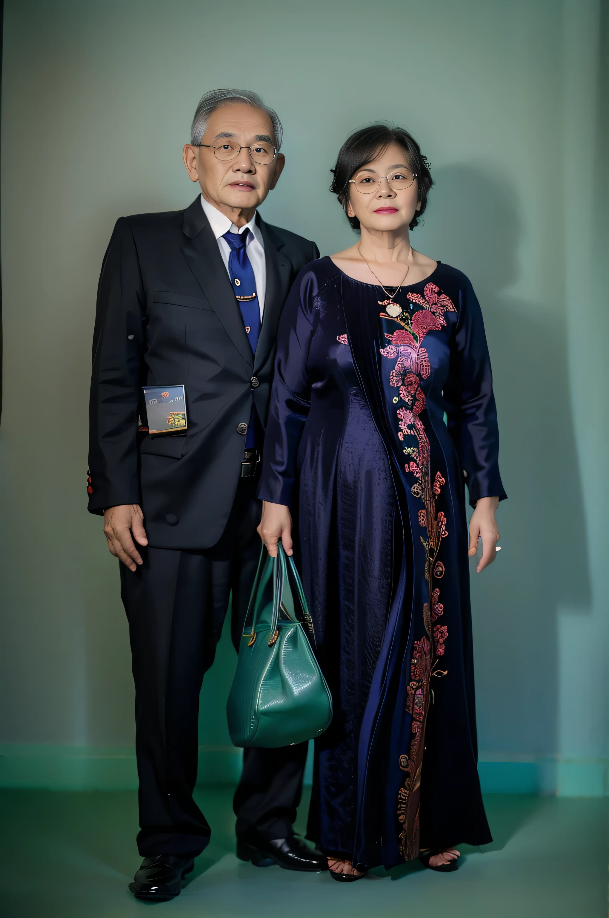 Highly realistic photo, ((masterpiece), (best quality), (raw photo), (photorealistic:1.4), A full-body photo of an old Vietnamese couple in elegant attire. The man 80 years old, is wearing a blue suit and tie with a red shirt, black shoes, white hair. The woman 75 years old, wears a aodai with a dark pink outline on her shoulder line and a green gemstone necklace, and holding a hand bag. They both wear glasses against a white background, in the photorealistic style , photo taken by Sony A7IV