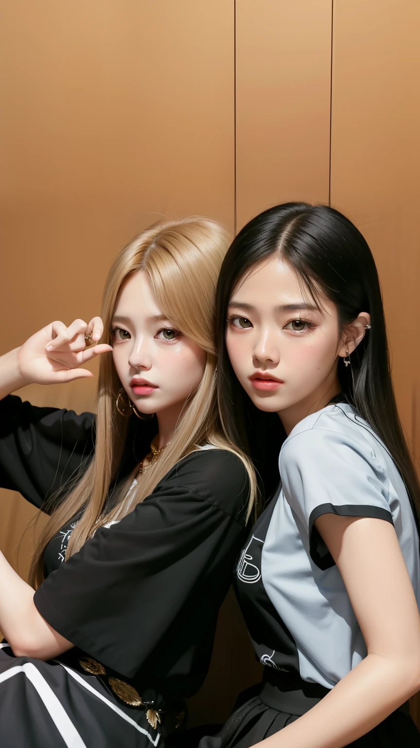 two women with long hair posing for a photo in a studio, lalisa manobal, lalisa manoban of BLACKPINK, cabelo longo com franja completa, jossi of BLACKPINK, portrait of jossi of BLACKPINK, cabelo longo com franja, BLACKPINK, kda e Sam isso, o corte Hime, roseanne park of BLACKPINK, inspirado em Wang Duo