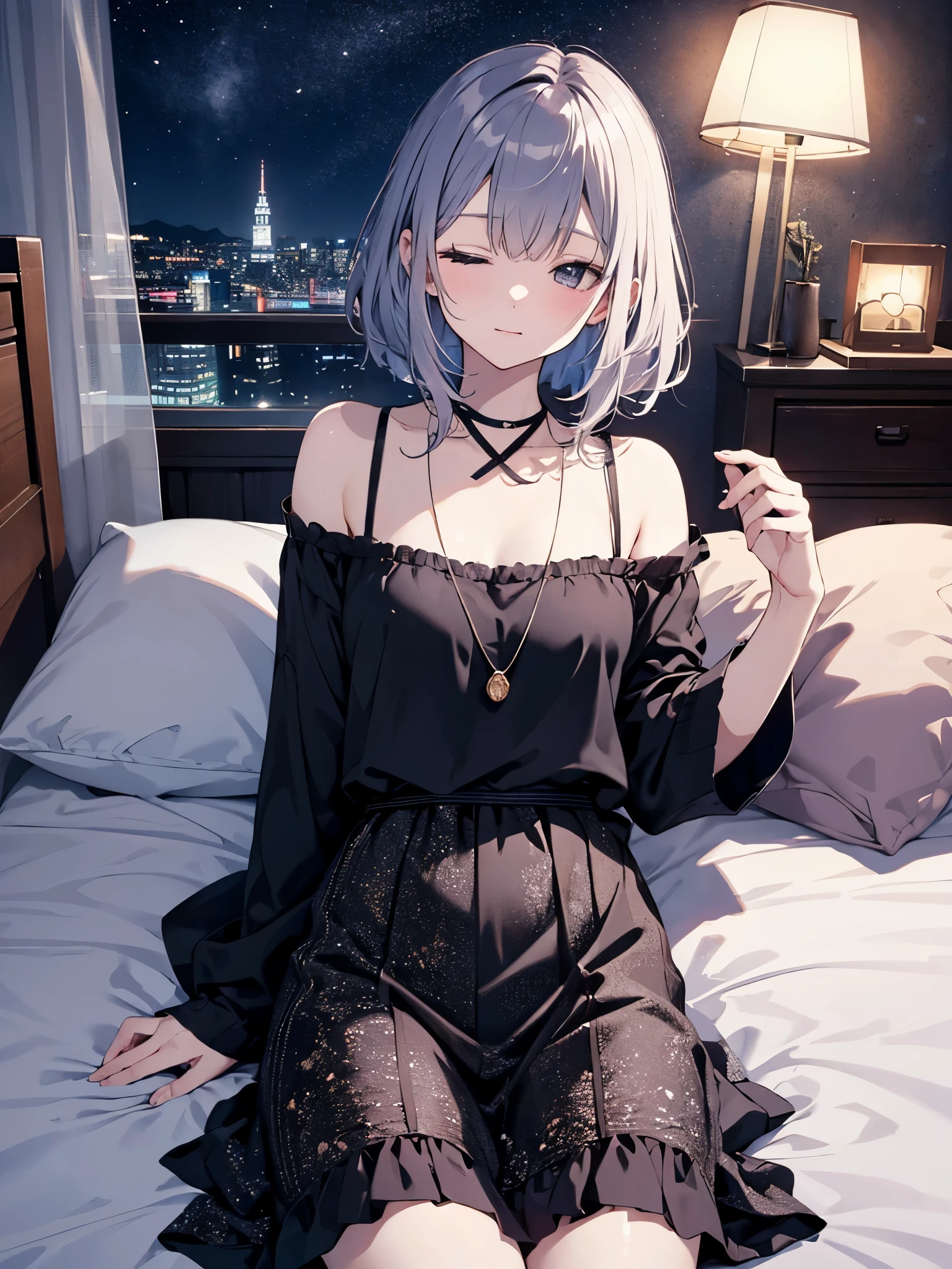 (Pretty sister:1.3)、Super detailed、Spring atmosphere、night、Bedroom、On the bed、Are sleeping、Going to bed、輝くnight空