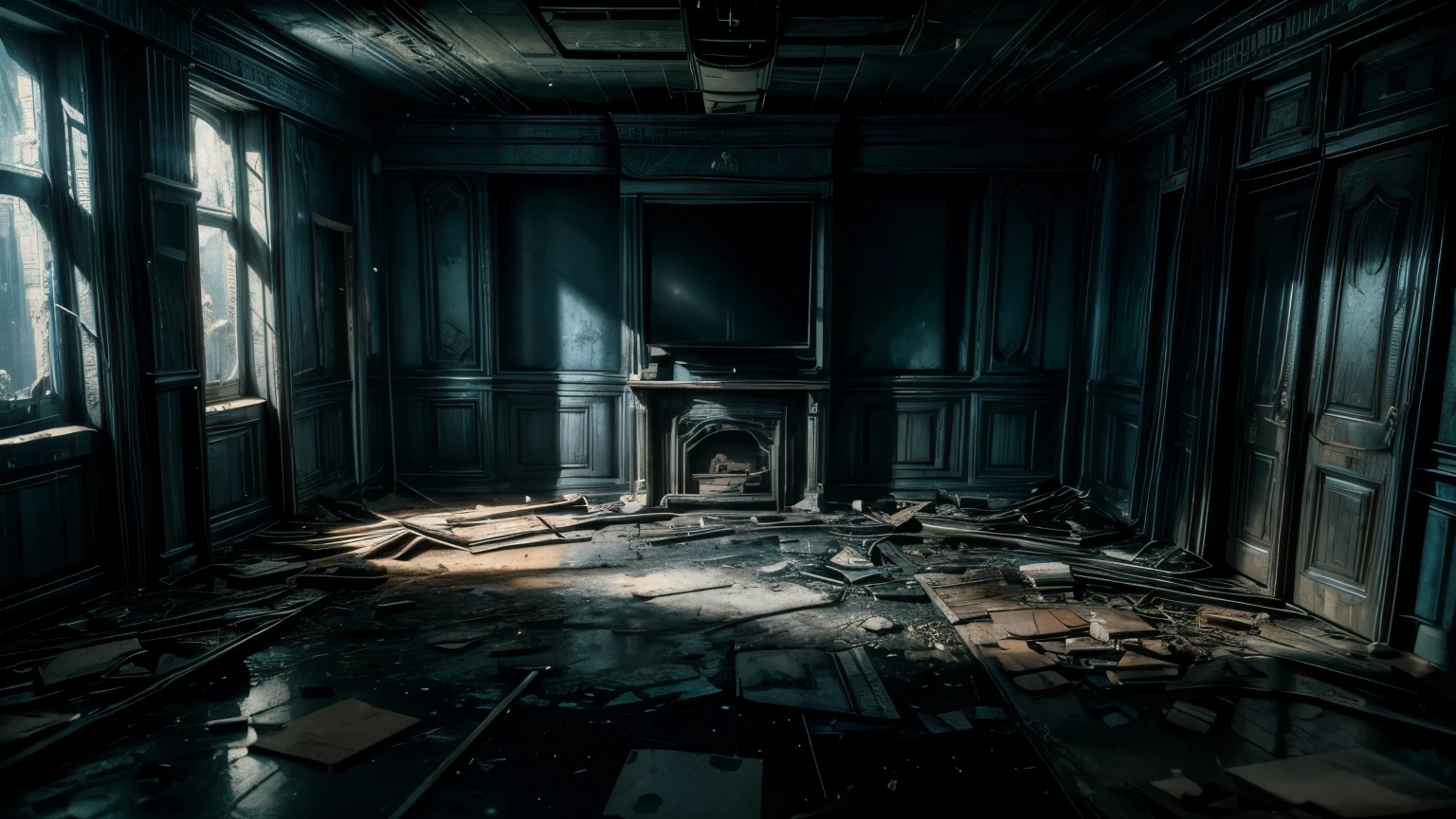 apocalyptic abandoned room, run down, debris, mysterious, night, pov, ray tracing, dark cinematic blue lighting, depth of field, wide shot, 8k, 4K, highres, best quality, award winning, super detail, masterpiece, retina, unreal engine, Hyper realistic render