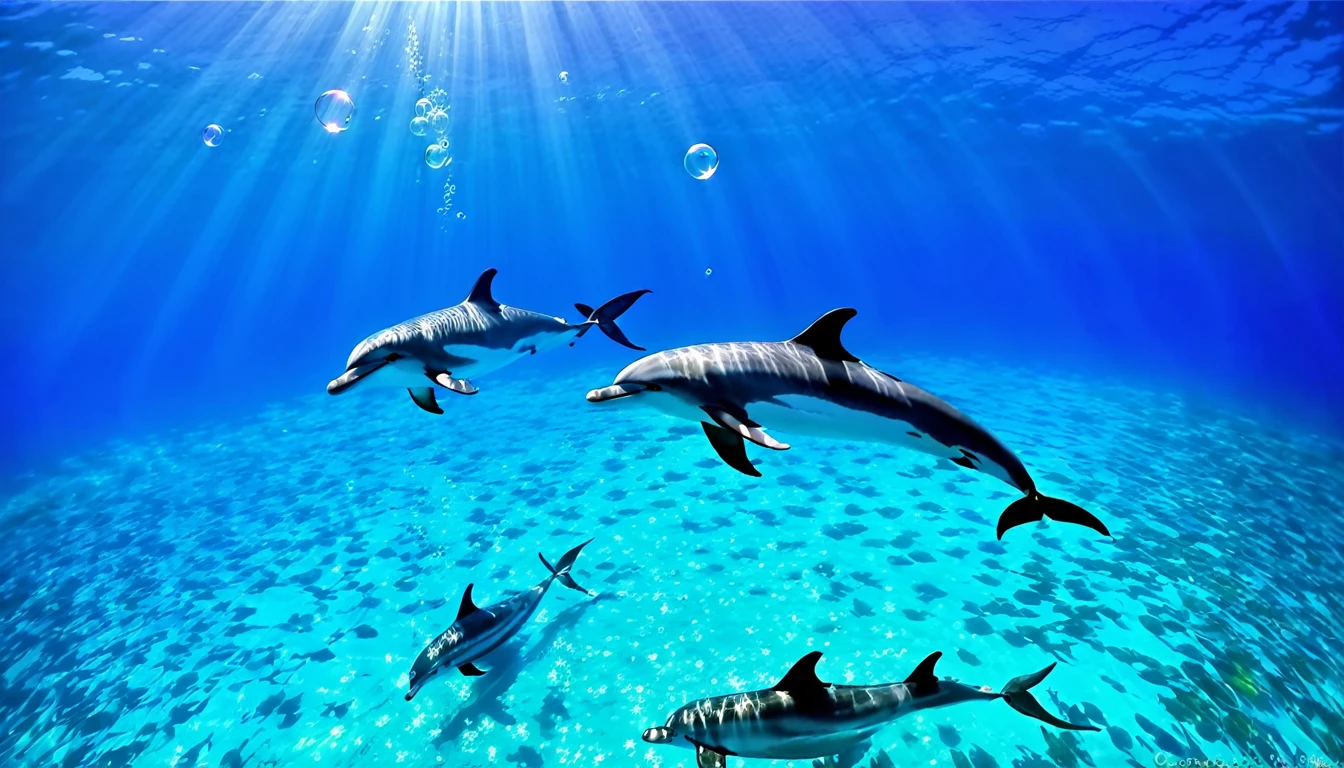 Sea、Three dolphins、beautiful、Bubble、Sunshine、South Sea、Multiple colorful tropical fish、beautifulサンゴ礁、
