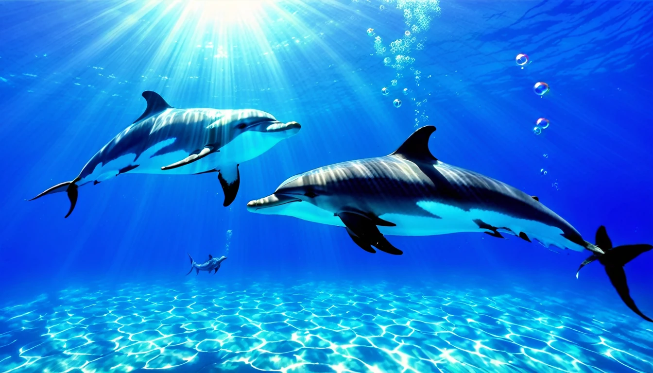 Sea、Three dolphins、beautiful、Bubble、Sunshine、South Sea、Multiple colorful tropical fish、beautifulサンゴ礁、