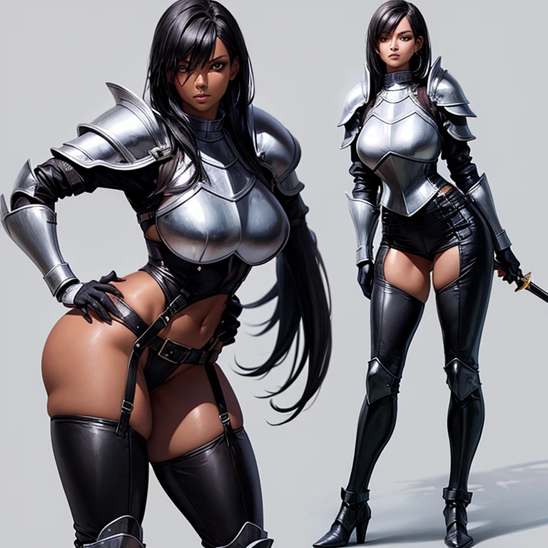 Hot female knight, wearing plate armor, leather pants, full body, nice thighs , dark skin, short black hair, nice butt