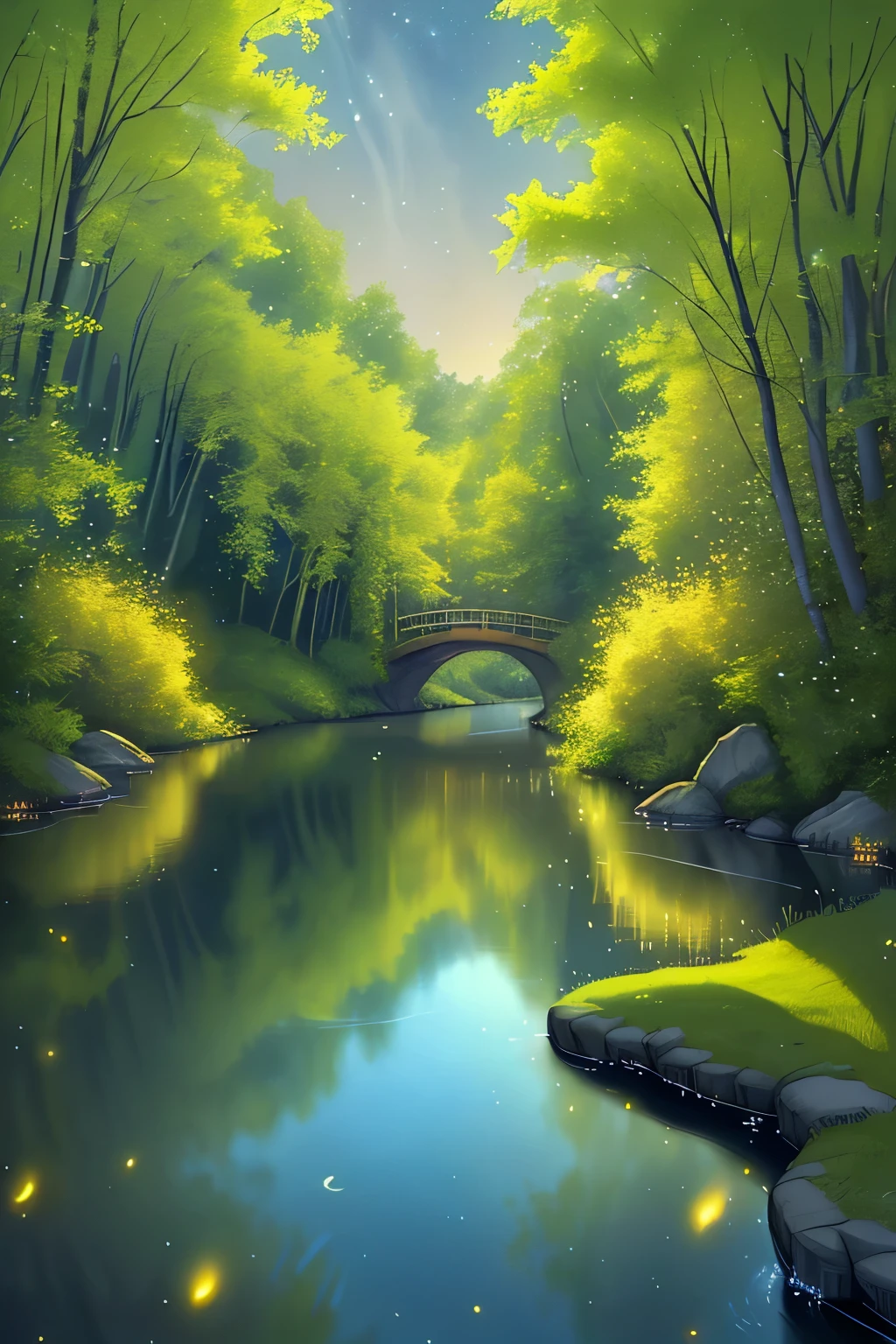 Describe a surreal landscape within the chambers of our minds, a place where the voices of our past echo through the halls of childhood memories. Four distinct images materialize before us, each filled with intricate details and vibrant colors.
Image one: A gentle, lilting voice, like the melody of a lullaby, is personified as a flowing river, its waters shimmering with the soft glow of fireflies. The banks of the river are lined with whispering willows, their leaves rustling gently as they share secrets from long ago.
Image two: A bold, commanding voice, like the bark of a drill sergeant, is brought to life as a tow