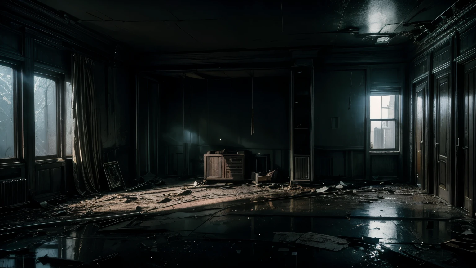 apocalyptic abandoned room, night, moonlit, fog, calm, mysterious, pov, ray tracing, cinematic lighting, depth of field, wide shot, 8k, 4K, highres, best quality, award winning, super detail, masterpiece, retina