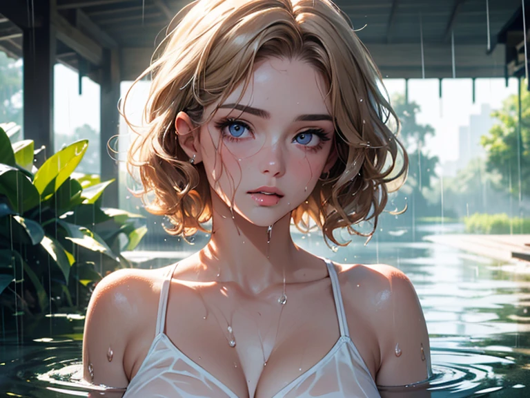 (best quality, 4K, masterpiece :1.3), pretty Woman, 1 girl, (breast, attractive body :1.2), abdominal muscles :1.1, (Brown French short curly hair with blonde highlights: 1.1), (wet from rain, get wet by rain, wet :1.2), Super detailed face, delicate lips, delicate eyes, double eyelids,