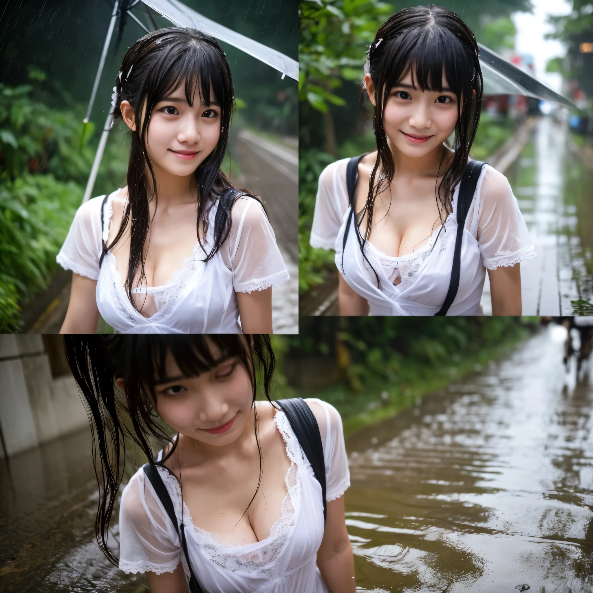 songkran,Wet roads , soaked,drenched, Wet Faceに滴る, Wet Face,Wet clothes, Wet Skin, Wet Hair,A young woman with a cute face like an idol,My face is wet with rain,chest,A maid outfit with a cleavage-revealing design,clinging,RAW Photos,Genuine,Real,High definition,Raw photo,masterpiece