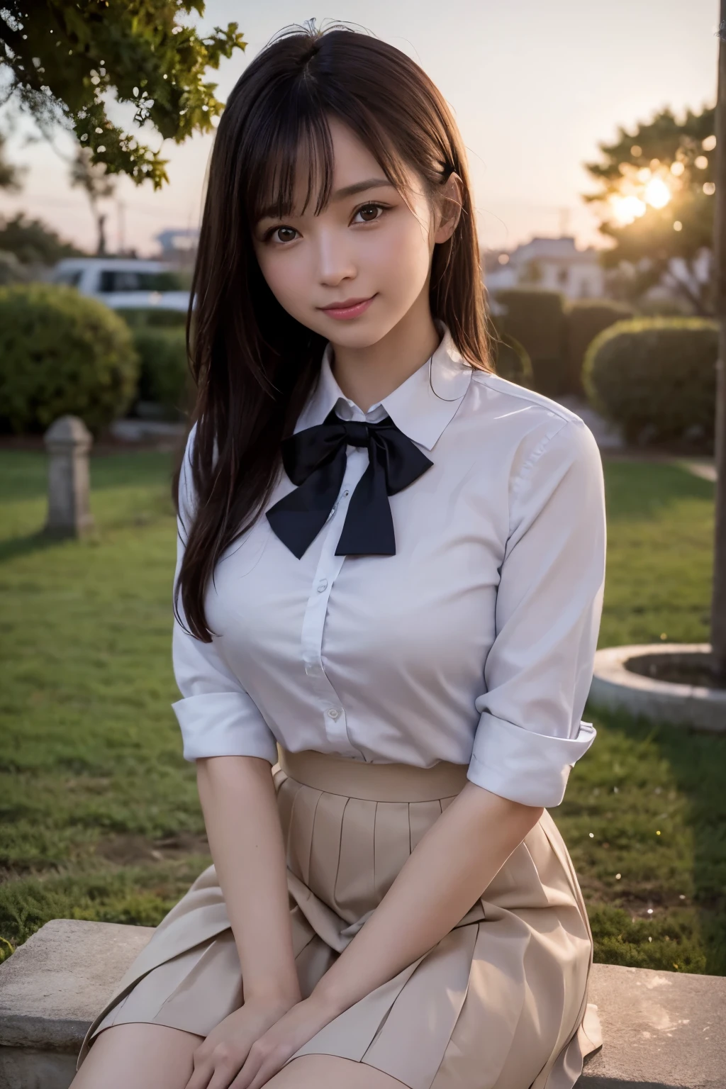 There is a woman who is in the cemiterio dawn, (8k, RAW photo, best quality, masterpiece: 1.2), (realistic, photo-realistic: 1.37), ultra-detailed, 1 girl, beautiful, solo, beautiful detailed sky, night, sitting, dating, (flushed nose), (smile: 1.1), medium breasts, beautiful detailed eyes, (collared shirt: 1.1), bow tie, pleated skirt,