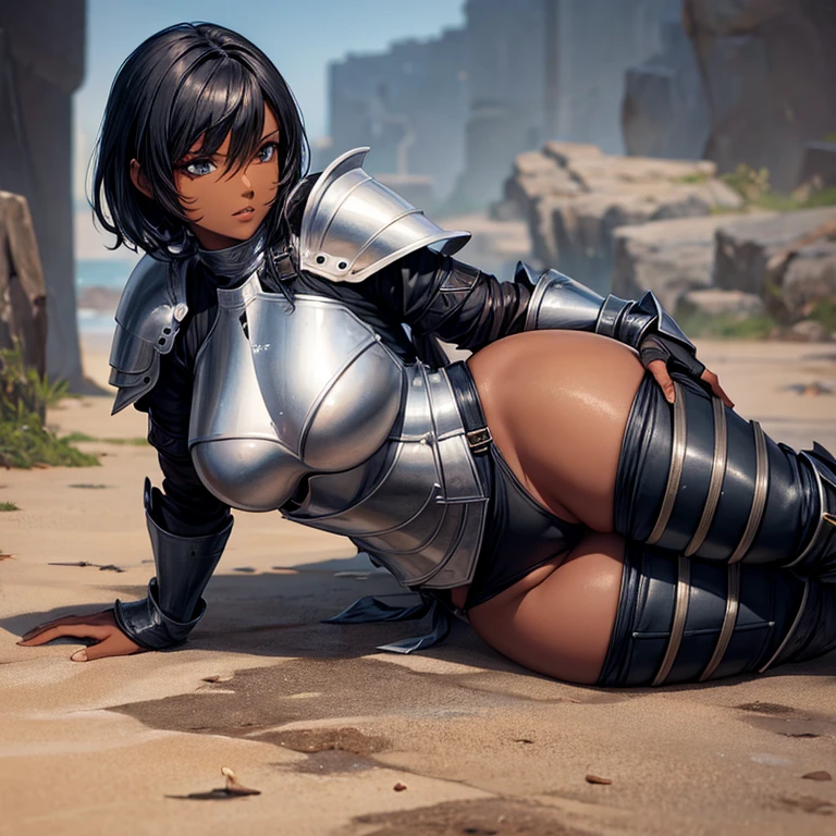 female knight, wearing plate armor, leather pants, full body, nice thighs , dark skin, short black hair, nice butt
