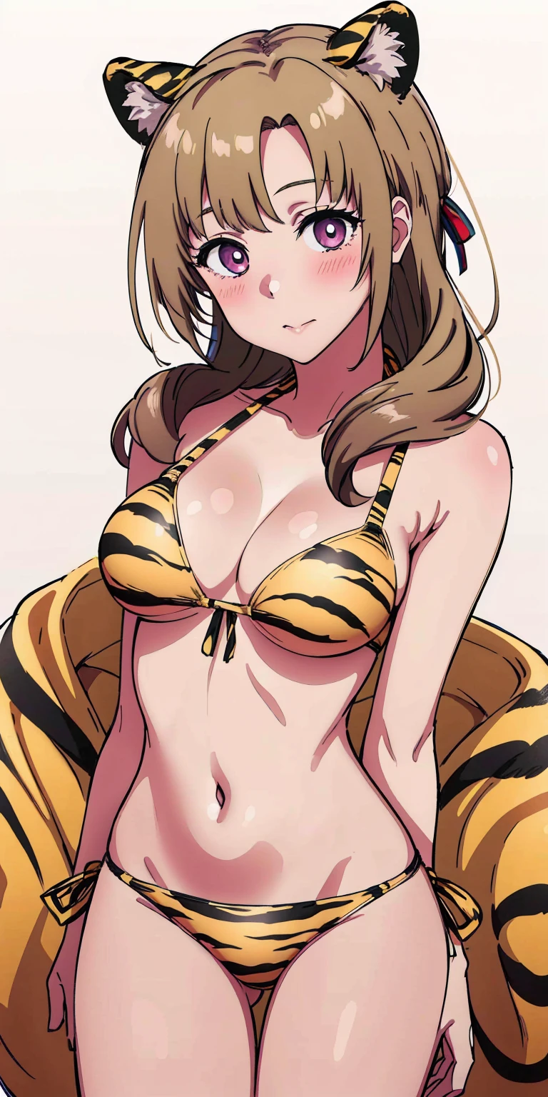 (highres, best quality:1.2), 1girl, blush, solo, ([justTNP] Mamako Oosuki | Do You Love Your Mom and Her Two-Hit Multi-Target Attacks?) (yellow bikini) (yellow tiger stripes bikini)