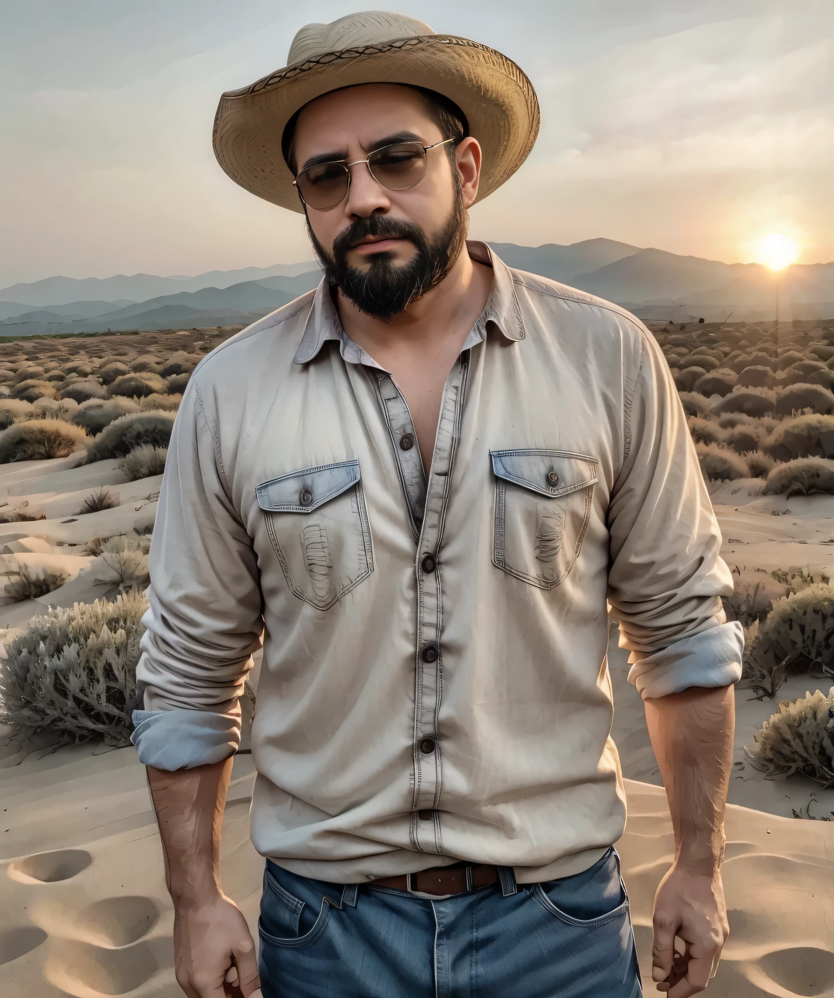 Obra maestra, desenfoque de campo, Parte superior del cuerpo, Hands in pants pockets , 38 year old chubby man with beard., sombrero vaquero y gafas de sol. Man in a plaid shirt in a Netflix drug trafficking series with a sunset in the background.