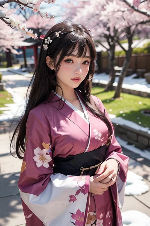 Cutting her bangs, long hair, half-up, girl, cherry blossoms, snowstorm, flower pattern kimono, cherry blossoms fluttering