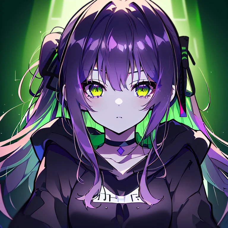 (highest quality,High resolution,Super detailed,wonderful,Attention to detail)girl,Purple Hair,ponytail,Long Hair,Straight hair,Green Eyes,Sharp Eyes,Cinema Lighting,Black hoodie,choker,gorgeous,gem,thought,Bust-up perspective,cute