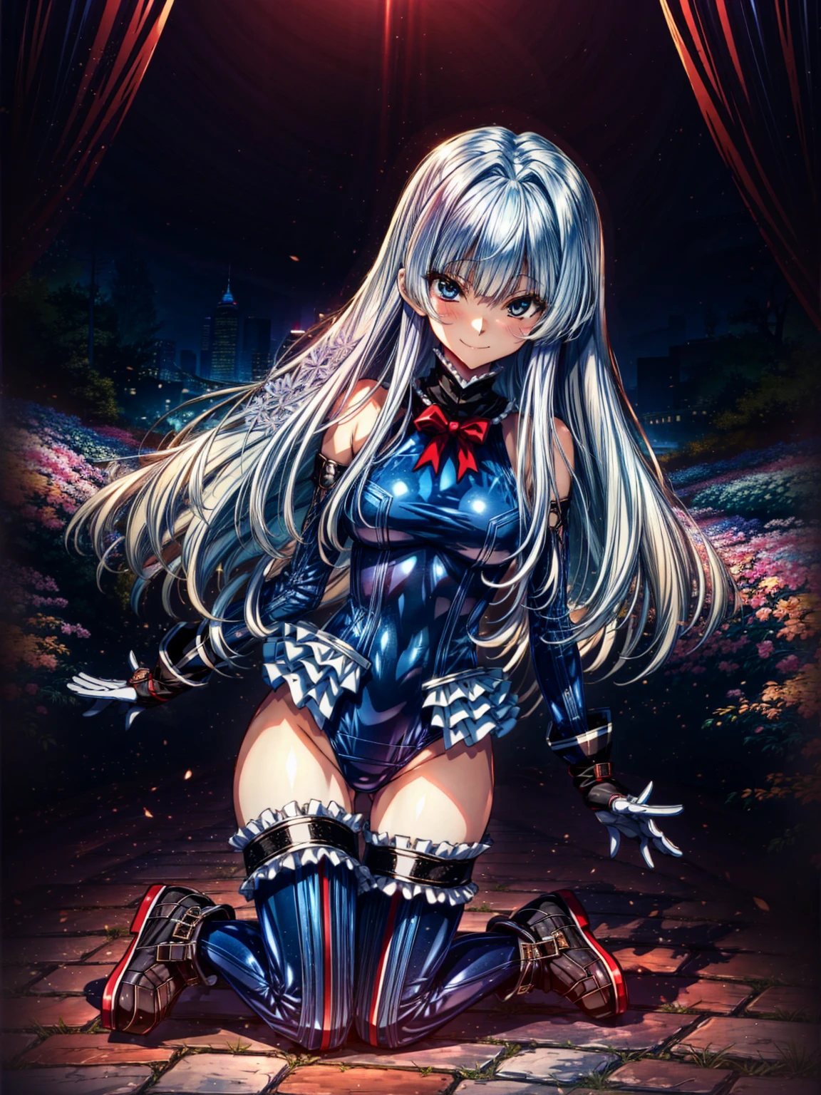 Perfect Anatomy, highest quality, marierose,look at me lovingly,
Wicked Smile,Anime Style,(Frilled swimsuit, Knee socks, Removed sleeve), (Anime Style:1.4) ,
Silver Hair,(White fingers:1.1,Black gloves),Very long hair,Evil Aura,Rape Eye,Full body view