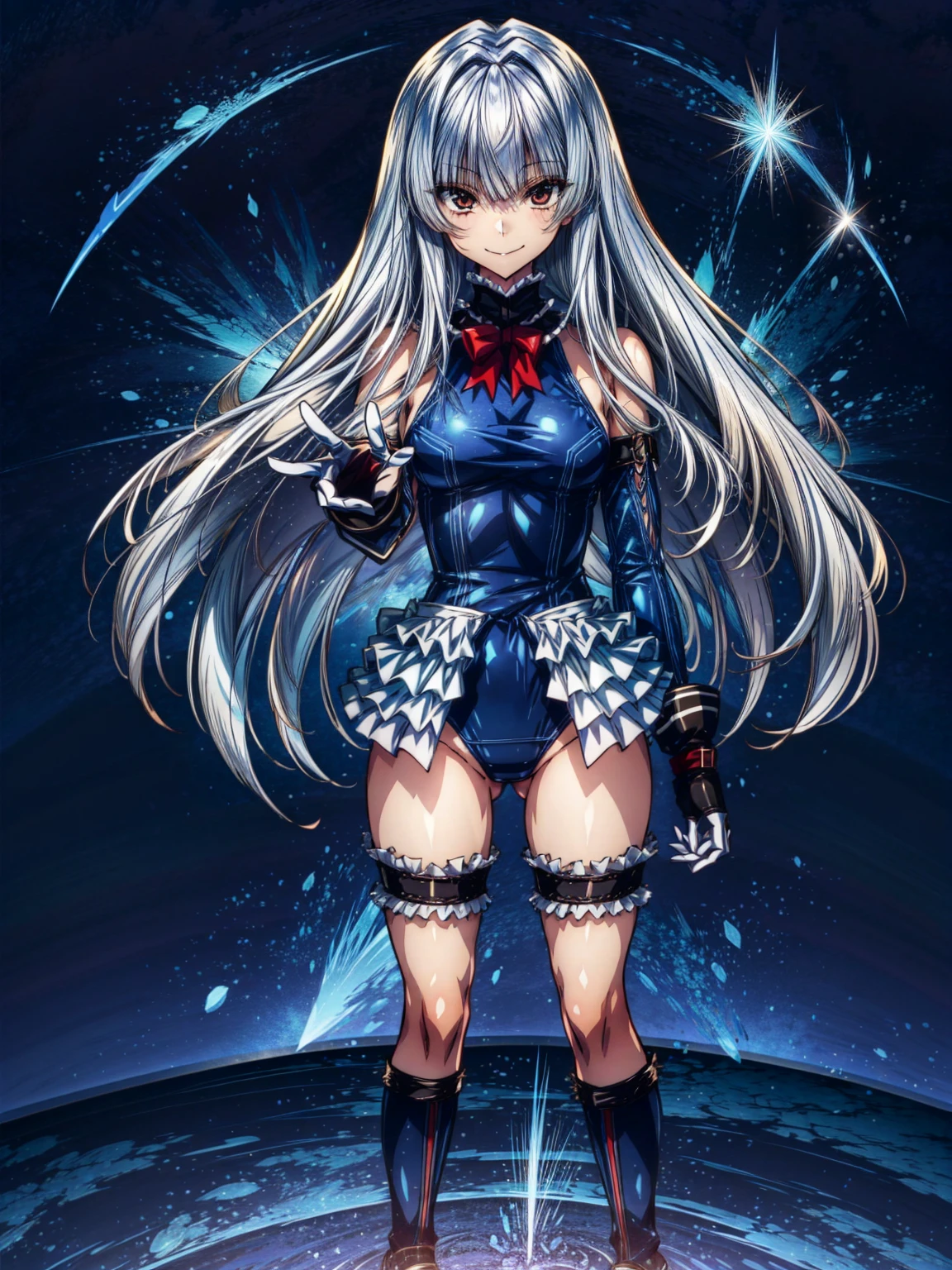 Perfect Anatomy, highest quality, marierose,look at me lovingly,
Wicked Smile,Anime Style,(Frilled swimsuit, Knee socks, Removed sleeve), (Anime Style:1.4) ,
Silver Hair,(White fingers:1.1,Black gloves),Very long hair,Evil Aura,Rape Eye,Full body view