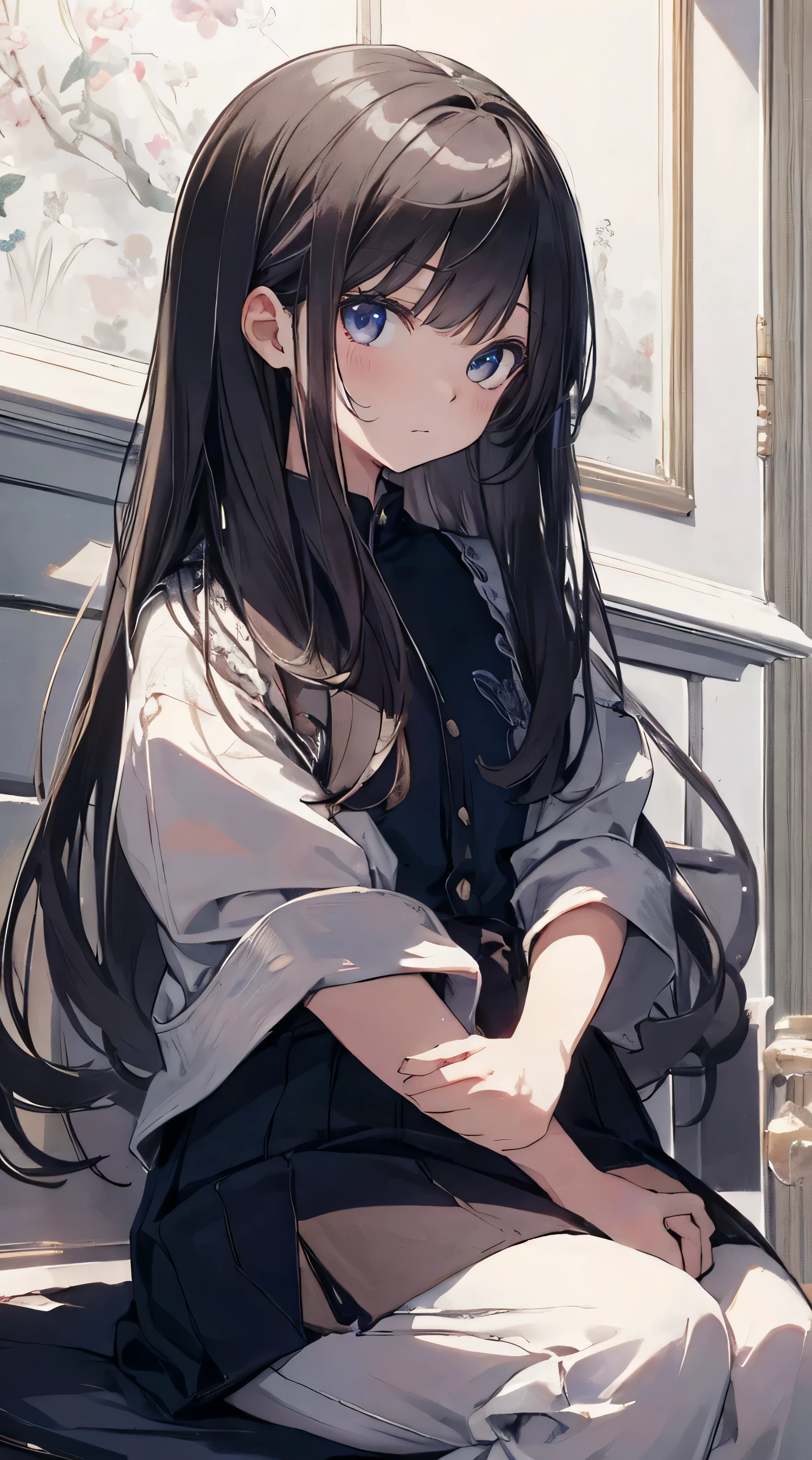 Masterpiece、Highest quality、highest quality、(((Lori)))、 ((Petite))、Shiny hair quality、Small face、Sitting、Super detailed, beautiful, wide eyes、Ultra-detailed, clear and beautiful faces、(cute illustration:1.2), High-resolution, ultra-detailed, best quality, embarrassed