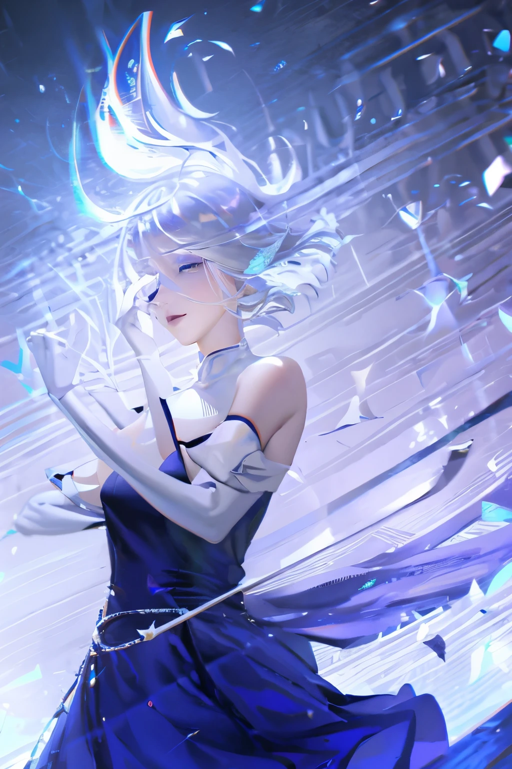 1 Girl, Bethel, blue eyes, 裸Off-shoulder膀, white hair, Hair covering one eye, Bangs, Gloves, sleeveless, Solitary, shirt, fingerless Gloves, white shirt, sleeveless shirt, Put your hands behind your back, Off-shoulder, trumpet, Smile, (masterpiece), (best quality), (Super detailed), indoors, Simple background, Blue flowers, 