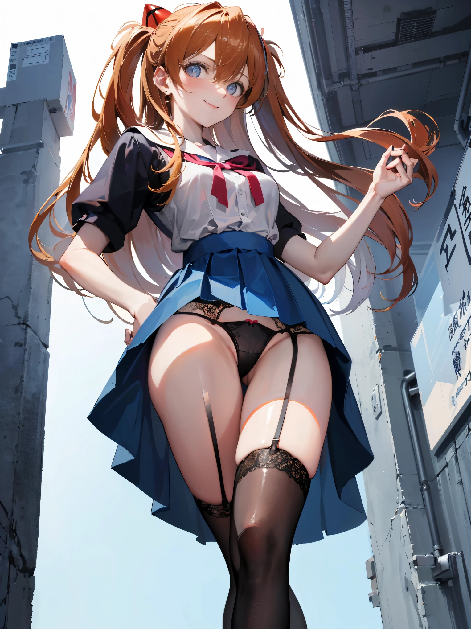 Asuka Langley Soryu,blue eyes,Hair between the eyes,Headwear,Interface Headset,Orange Hair,赤いribbon、ribbon、uniform、Skirt、Tokyo No. 3 中学校のuniform、,Show me your pants、Lace black underwear with a very small area、Big Breasts、((Small head))、1 female、Sexy pose standing on one knee、(Raw photo:1.2)、(Photorealistic:1.4)、Laughter、Textured skin、Highly detailed eyes and face、Beautiful and fine details、double eyelid、Large file size、(Enhances the beauty of skin texture:1.1)、High resolution、Highly detailed skin、highest quality、8k wallpaper、Cinema lighting、Large Breasts,Fascinating Underwear、Leg spread、Solo with visible breasts, (curve:1.1), Looking down at the viewer, There is a smile on his face, ((From below:1.5)) look back, ((Leaning forward)), View from behind, Long Hair, lipstick, compensate, Ultra detailed hair, Ultra detailed face, (Purple eyes:1.05), Perfect Eyes, Perfect Face, Earrings, (Confused, blush:1.2), , (Black knee socks, garter belt:1.1), zettai ryouiki, , High heels, (Large Breasts:1.1), Cleavage, Big Ass, Thighs Thighs Thighs Thighs, Showing panties, ((ロールアップしたSkirt裾から股間まで))