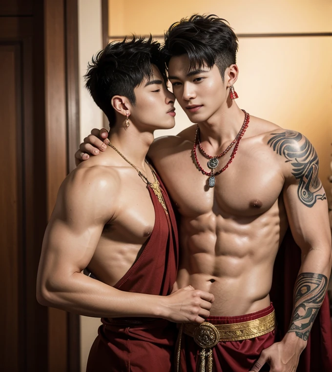 ( safe for work),Two handsome boys kissing, smiling at each other,hugging, kissing, touching lips, cuddle, romantic,skin ship, Chinese Men God, Mythology, realistic, Chinese odyssy, super Handsome,manly, kpop idol, handsome korean actor, 20 years old,, detailed face, manly jawline, detailed mess curly styling hair, Topless, Muscles, big breast Athlete body, Full Frame,full body shoots, realistic, human skin, tattoo breast, Professional studio Lighting, long red tibet wedding Outfit, jade and golden pendent all over , detailed jewery in dress, earings,Chinese ancient wedding Background,out door, super detailed background,look at camera , open mouth, thin Underneathe Underwear, tibet Warrior, Hanfu red wedding dress, tibet Male, tibet Nobel, Seduce , bare chest , tattoo chest, tattoo arms, tattoo hands, tattoo back, tattoo legs , tattoo belly, big juicy butts, 