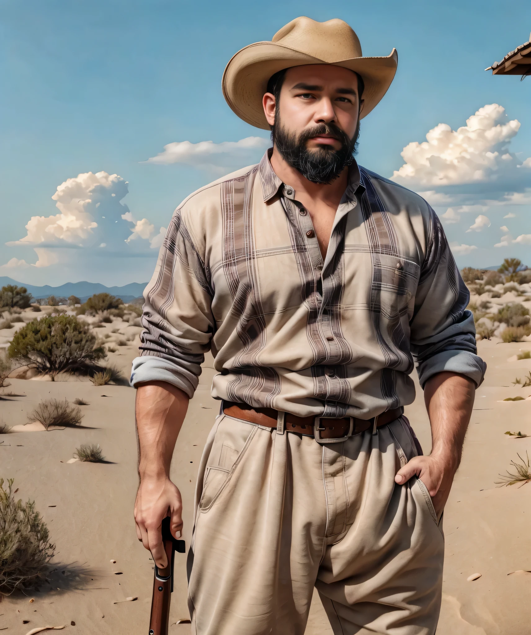 Obra maestra, desenfoque de campo, Parte superior del cuerpo, Hands in pants pockets , 38 year old chubby man with beard and cowboy hat.. Man in checkered shirt in action movie with long guns, con cielo rojo de fondo.