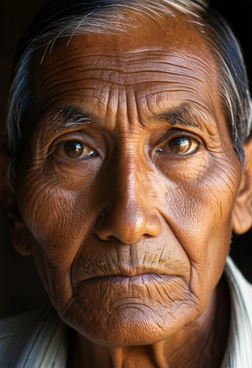 Rostro de anciano hombre peruano sosteniendo en sus manos una luz brillante que refleja en su rostro 