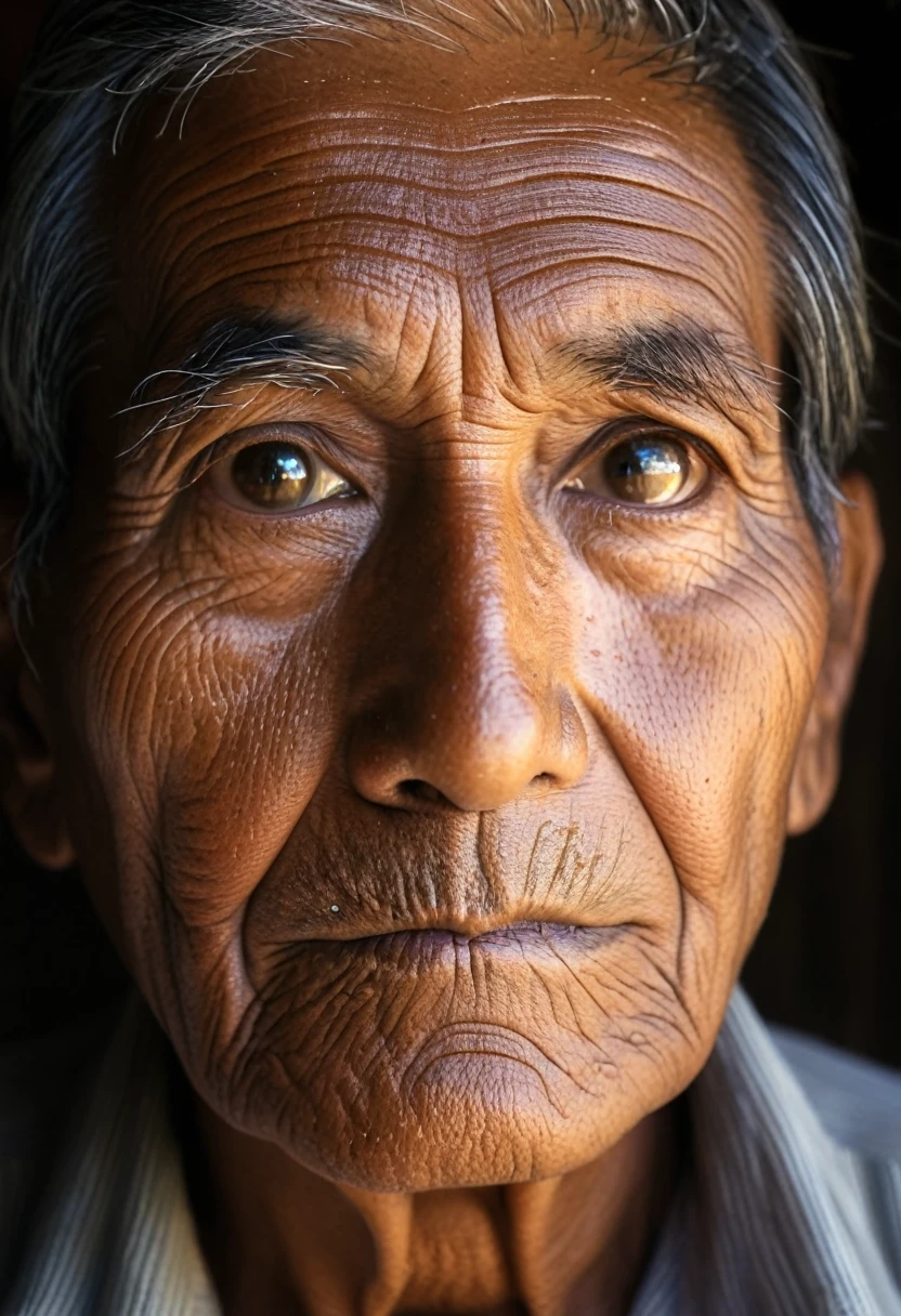Rostro de anciano hombre peruano sosteniendo en sus manos una luz brillante que refleja en su rostro 