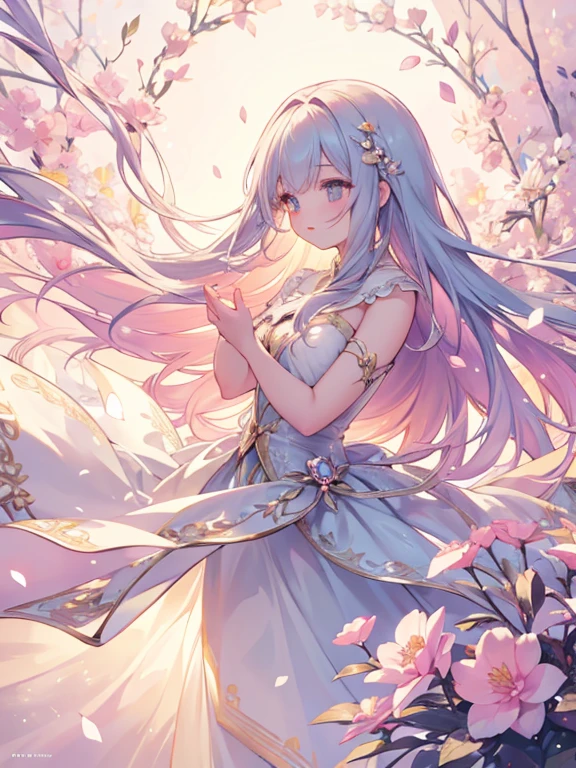 Soft lighting, Dreamy atmosphere, Exquisite aesthetics, fantasy theme, Natural elements, Floral Background, Subtle details, Flowing Hair, Whimsical poses, Vibrant colors, Petals falling