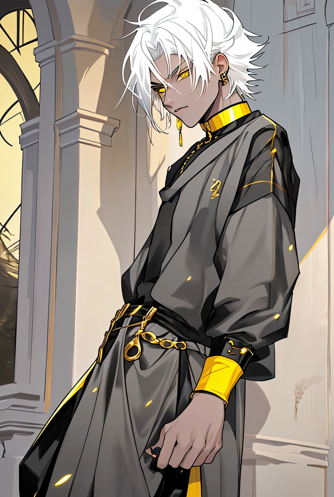 young man of white hair yellow eyes black clothes with yellow gold jewelry is speaking suspiciously