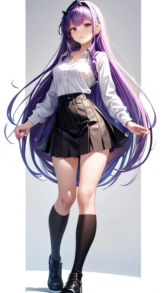 a girl, white shirt, short skirt, purple hair,long hair,face cute,full body,realstic