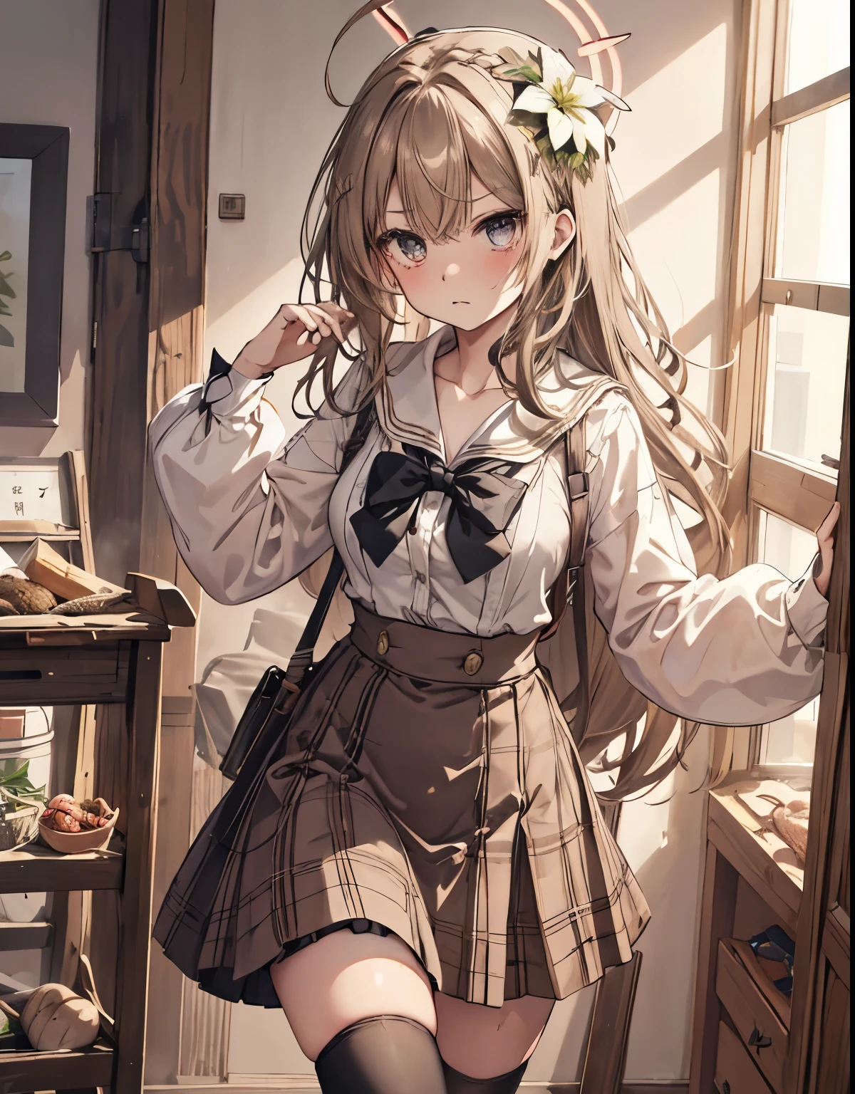 masterpiece, 1girl, sparrow, a light brown haired girl, wearing a sailor clothes, wavy medium hair, messy hair, slim body, he close her left eye, shirt ornament, ruby eyes, ahoge, baby face, huge breast, beautiful breasts, rounded breasts, long sleeves, beautiful eyes, white stocking, droopy eyes, skirt, black skirt, plaid skirt, her age is 19 years old, ricefield, bowtie, sailor collar, flared skirt, tight shirt, skirt, nagisa_bluearchive, angry face, 