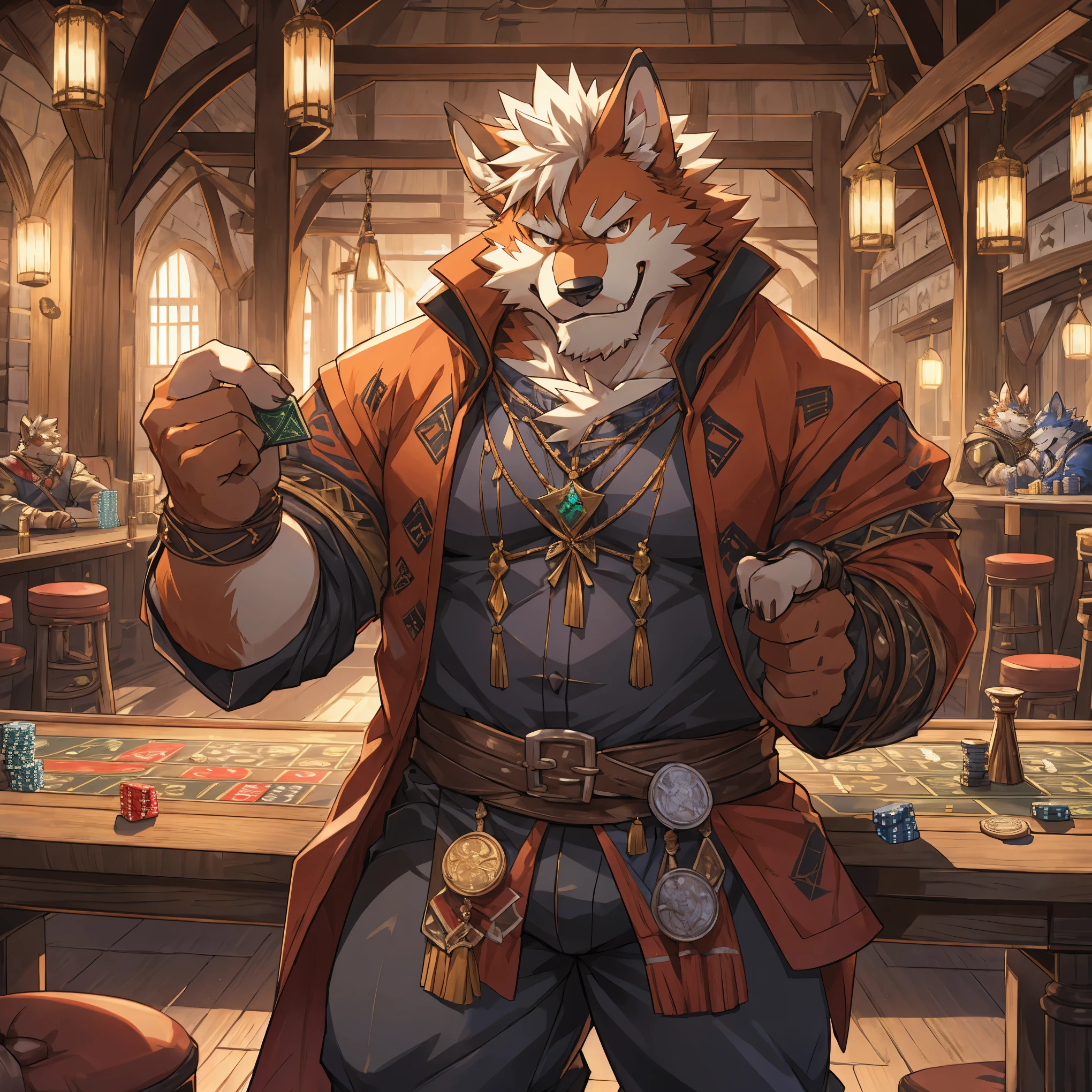 （CG 8k）Dog Orc，Orange fur，Raggedy outfit，gambler，Medieval Casino，Smirk，dice，Solitary，Facing the camera，author：Takemoto Arashi ，by zixiong