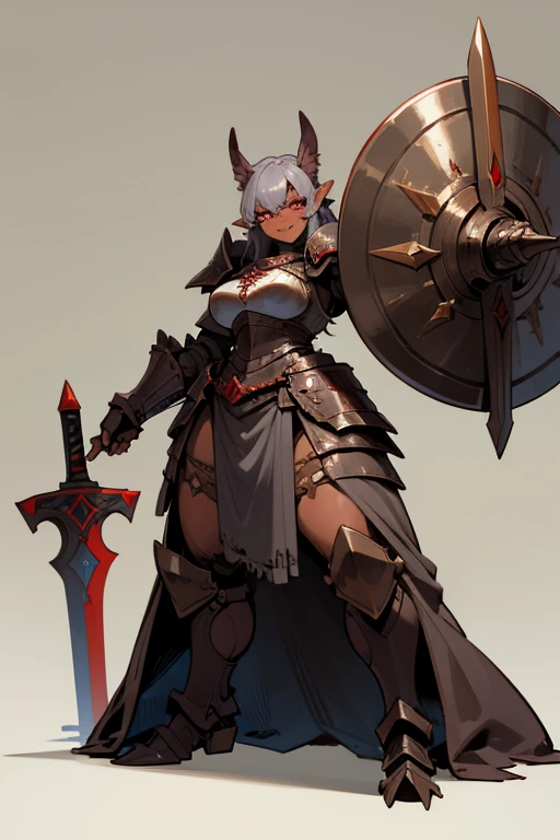 full body image of a big Female hobgoblin warrior with eyes the color of twilight and dark bronze skin with pointy ears and visible fangs holding a big bastard sword and a big shield wearing a heavy plate armor.