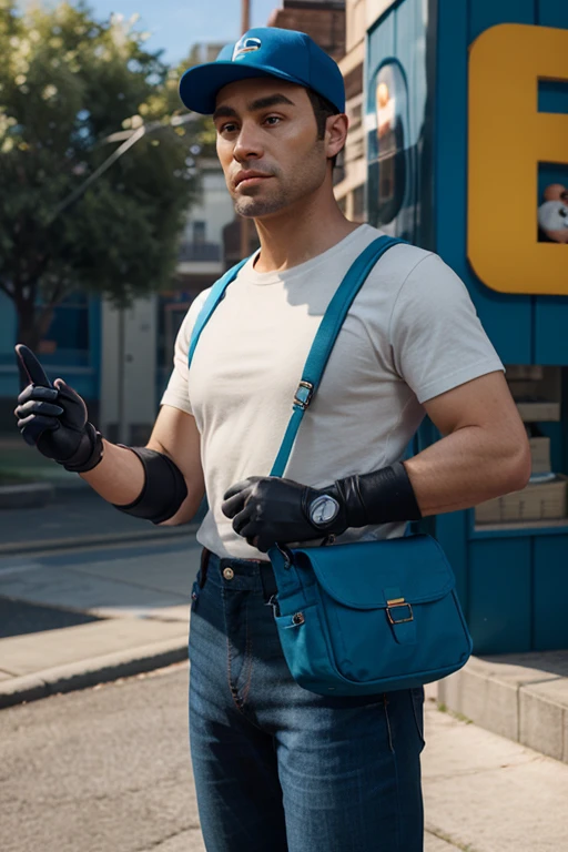 Create a man for a gas company with the colors blue, amarelo e branco. With a blue cap on his head and a fanny pack. With black gloves in hand. The character is a 3d animation, estilo pixar.