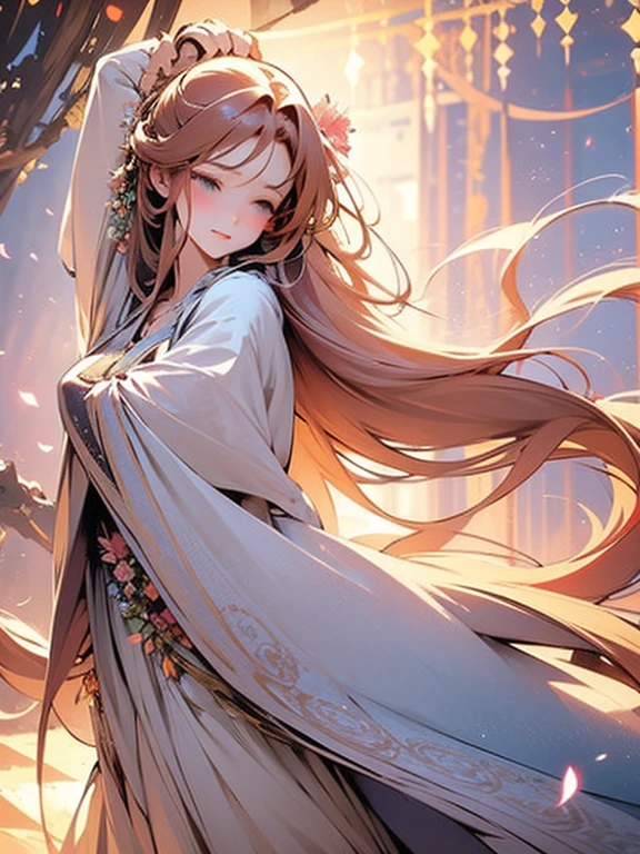 Soft lighting, Dreamy atmosphere, Exquisite aesthetics, fantasy theme, Natural elements, Floral Background, Subtle details, Flowing Hair, Whimsical poses, Vibrant colors, Petals falling