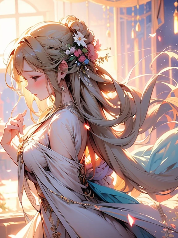 Soft lighting, Dreamy atmosphere, Exquisite aesthetics, fantasy theme, Natural elements, Floral Background, Subtle details, Flowing Hair, Whimsical poses, Vibrant colors, Petals falling