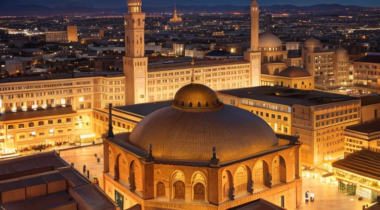 4k resolution picture, ultra realistic picture, Marrakech city, a huge mosque with dome on top, entire market area in top views, shops everywhere, Moroccan architectures, top views