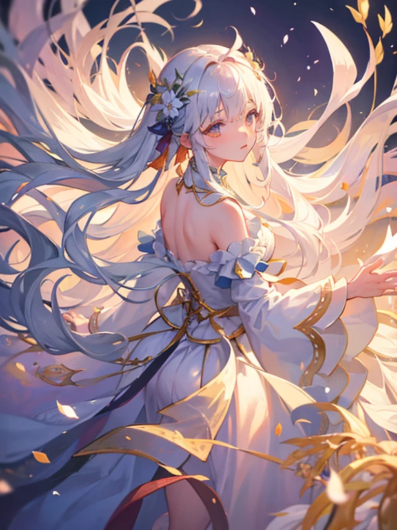 Soft lighting, Dreamy atmosphere, Exquisite aesthetics, fantasy theme, Natural elements, Floral Background, Subtle details, Flowing Hair, Whimsical poses, Vibrant colors, Petals falling
