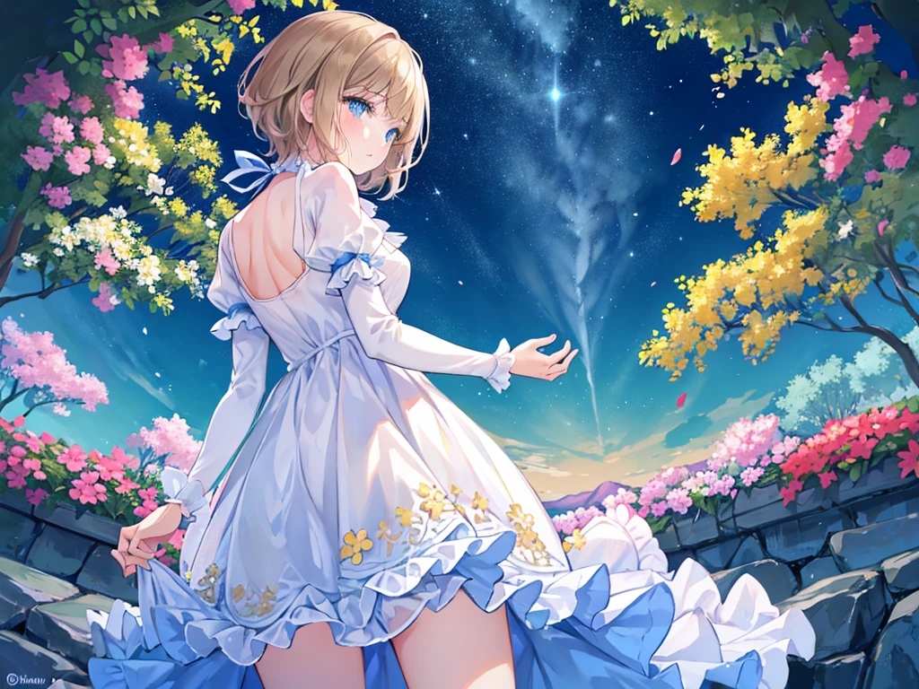Written boundary depth, profile, Neat body shape, Beautiful detailed girl, One Woman、Coloured short hair, Straight bangs、Light brown hair, Are crying, blue eyes, Small breast with flowers, Frill dress, Pastel colored outfits,Beautiful night view、Detailed night view、8K background、From below、