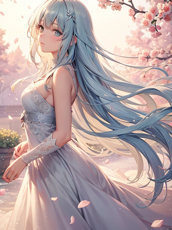 Soft lighting, Dreamy atmosphere, Exquisite aesthetics, fantasy theme, Natural elements, Floral Background, Subtle details, Flowing Hair, Whimsical poses, Vibrant colors, Petals falling