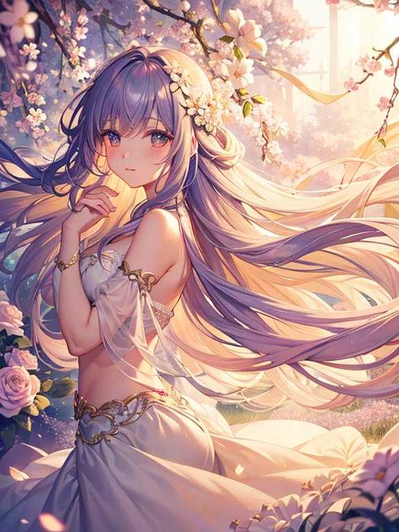 Soft lighting, Dreamy atmosphere, Exquisite aesthetics, fantasy theme, Natural elements, Floral Background, Subtle details, Flowing Hair, Whimsical poses, Vibrant colors, Petals falling